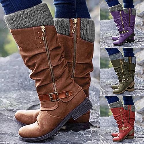 EIYEI Knee High Boots for Women - Women's Tall Knee High Fashion Riding Boots with Buckle Accent Round Toe Chunky Block Low Heels Mid Calf Boots Patchwork Leather Boots Side Zipper Winter Shoes2
