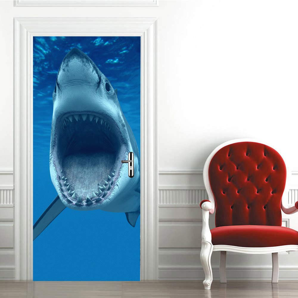Papier peint porte trompe l'oeil requin 3D en PVC adhésif 83x204 cm