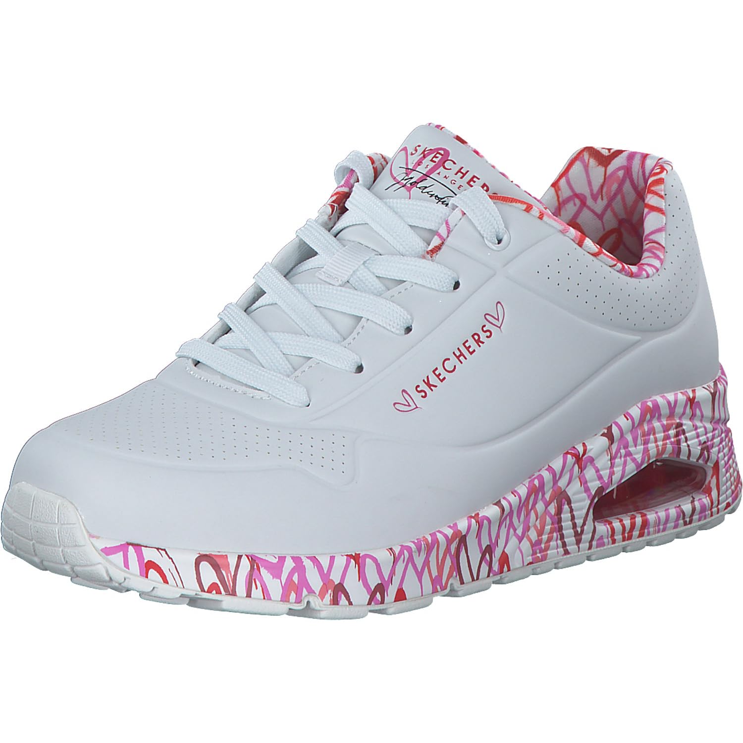 Skechers Women's Uno Loving Love Sneaker, White Durabuck Red Pink Mesh Trim, 6.5 UK