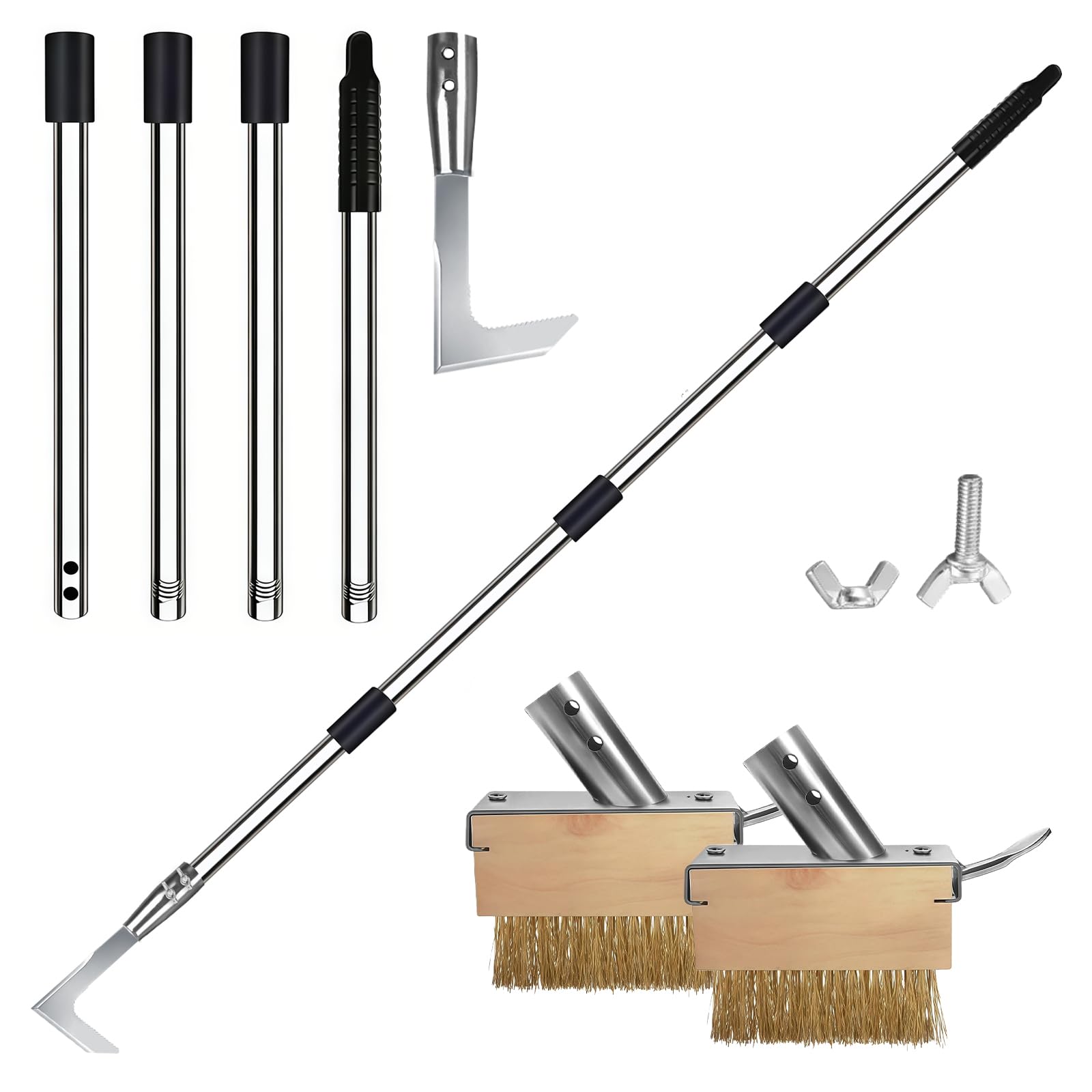 Brosse à Mauvaises Herbes et Couteau Désherbeur avec Manche Télescopique(160cm), Lot de 2 Désherbeur Manuel pour Mauvaises Herbes avec Crochet pour Éliminer la Mousse et Les Mauvaises Herbes (Argent)