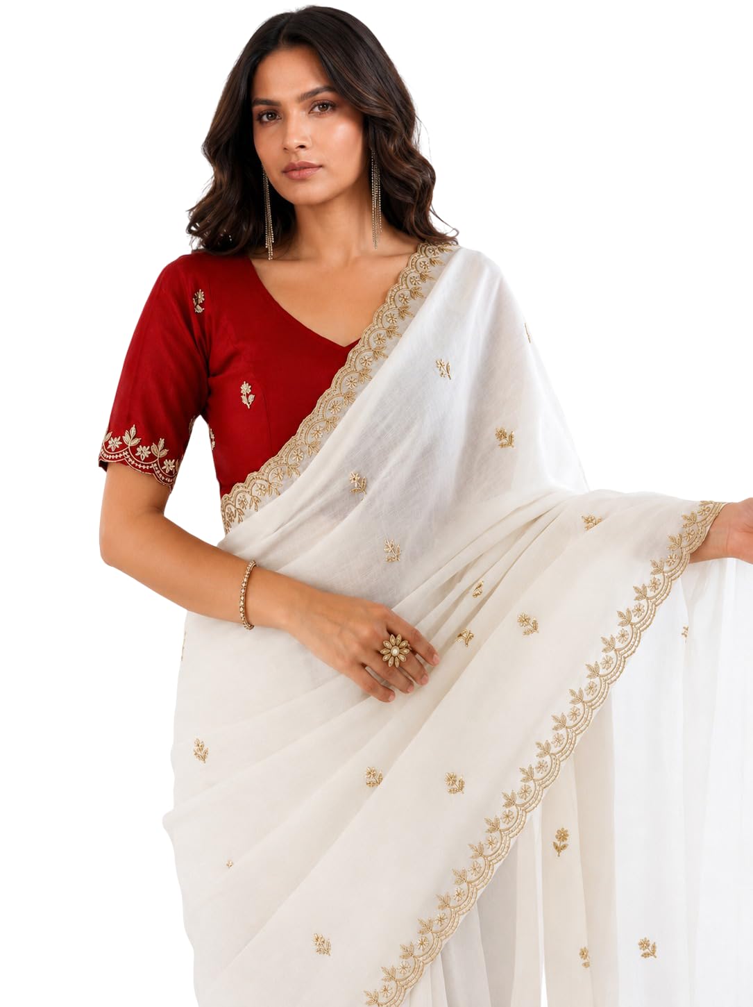 White Saree with Golden Embroidered Border, Traditional Indian Ethnic Wear, Free Size, Blouse Piece Included-image-13