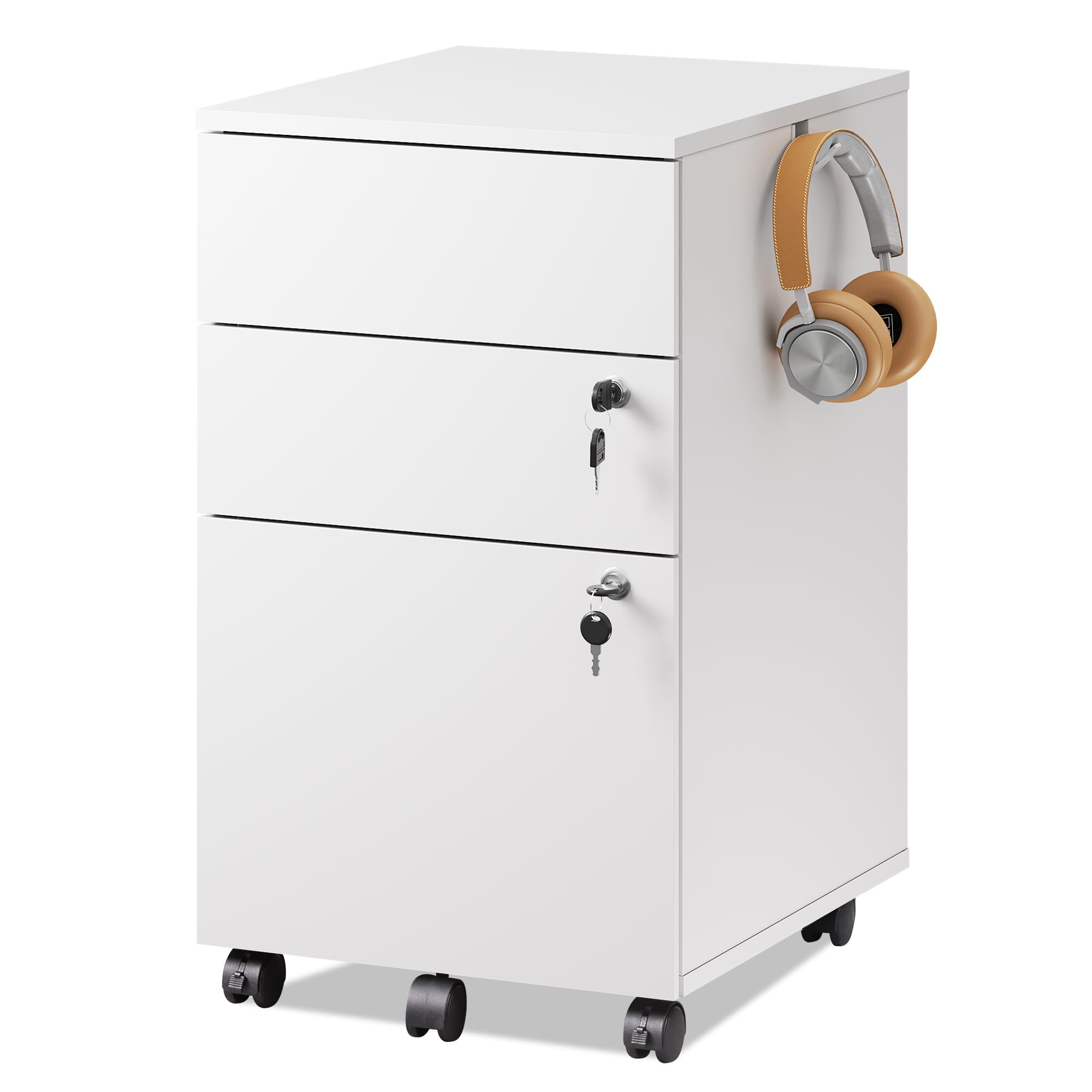DEVAISE 3 Drawer Mobile File Cabinet with Lock, White Wood Rolling Filing Cabinet for Under Desk, Fits Letter/Legal/A4 Size for Home Office