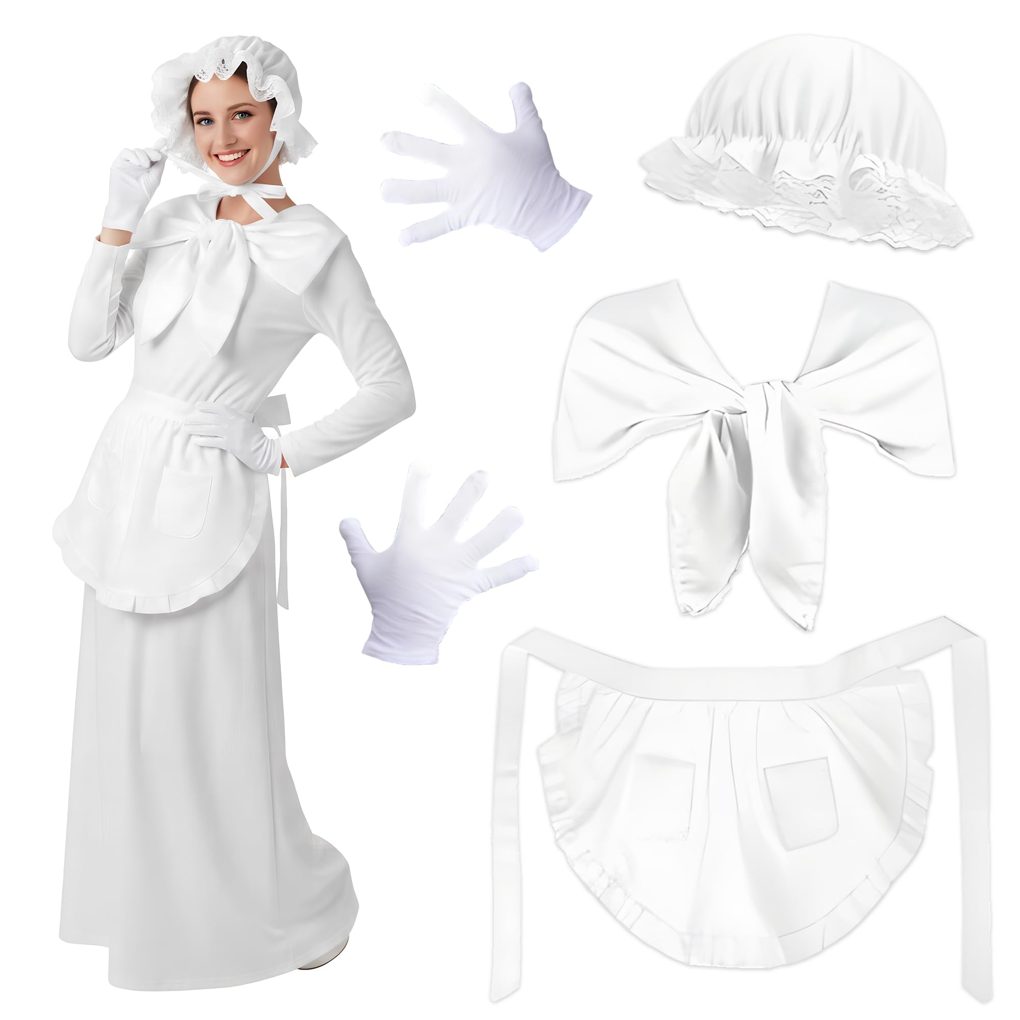 MOSNOW Women's 4PCS Colonial Pilgrim Costume Set โ Classic White Mob Cap Bonnet, Wrap, Ruffle Waist Apron & Gloves for Historical Reenactment, Maid Cosplay Fancy Dress