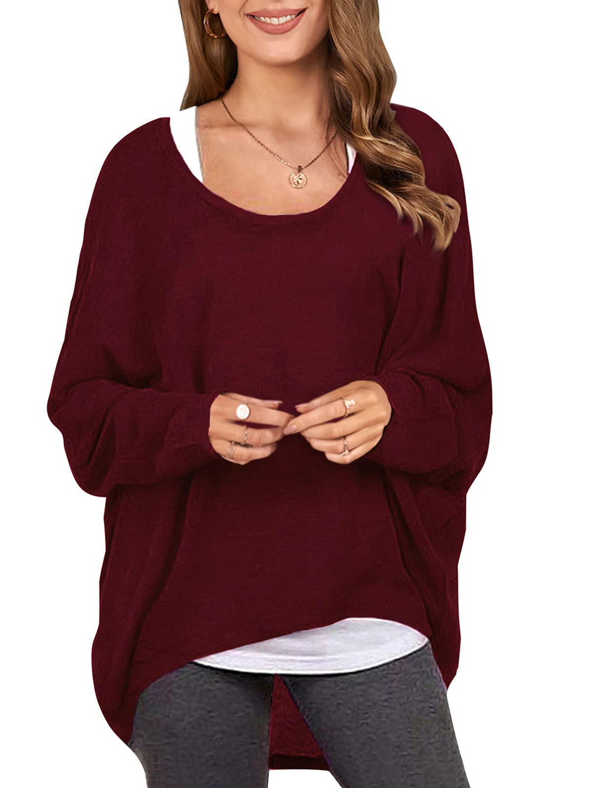 Zanzea Women's Wine Red Baggy Loose Batwing Jumper Tops Long Sleeve Irregular Tunic T Shirt Blouse Casual Pullover Sweatshirt