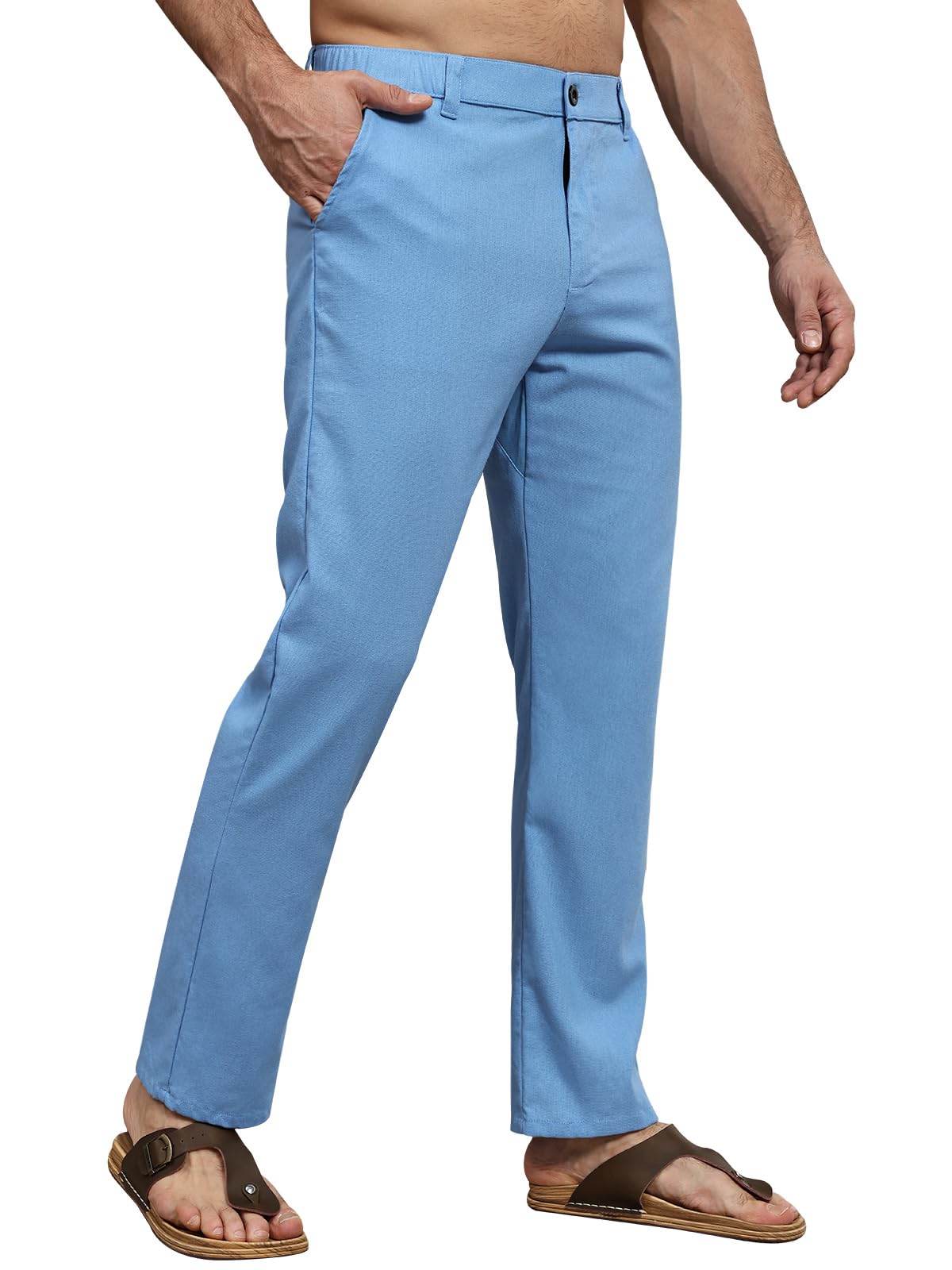 Suwangi Hombre Pantalones de Casuales Pantalones Largos Verano Ligeros Pantalon Lino Mezclar Cintura Elástica con Bolsillos — view 12
