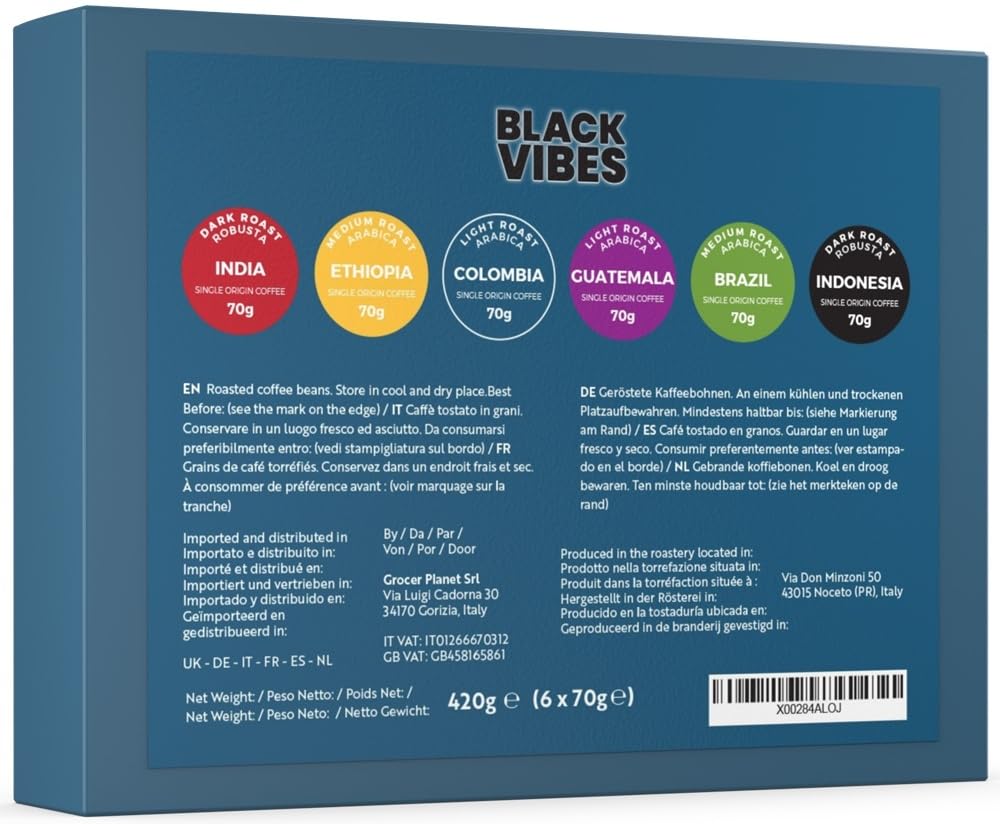 Black Vibes Caja de 6 Cafés Naturales En Grano 420g 6x70g Café No Torrefacto