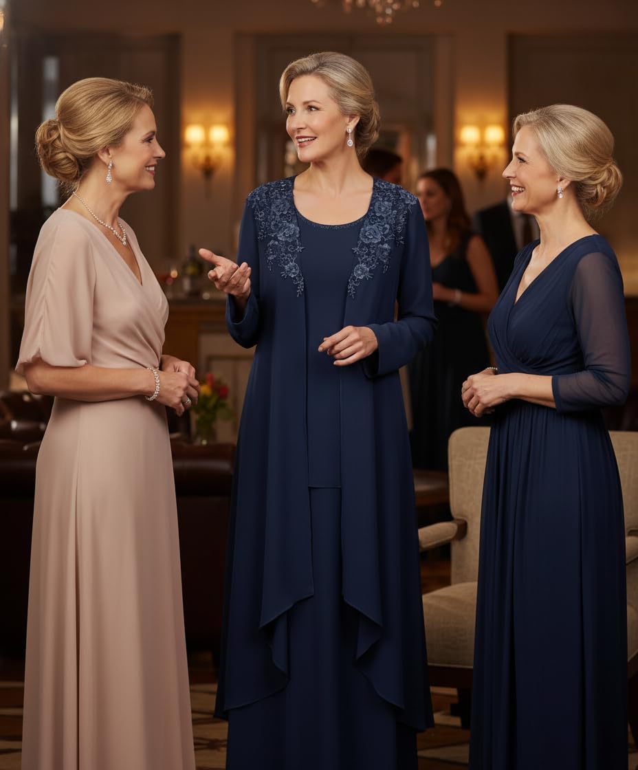 3-Teilig Festliche Elegant Hosenanzug Damen Chiffon Mit Spitzenstickerei - Hochzeitsgast Brautmutter Outfit Mit Jacke Langarm Hosenanzüge Formelle Abendgarderobe