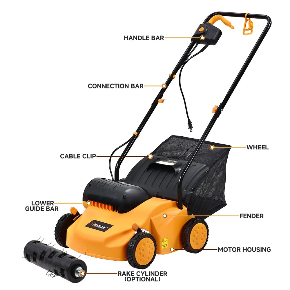 Hoteche Elektryczny wertykulator 1300 W, szerokość robocza 2500 obr./min, 320 mm, pojemnik na trawę 35 l, pomarańczowo-czarny, kolorowe pudełko
