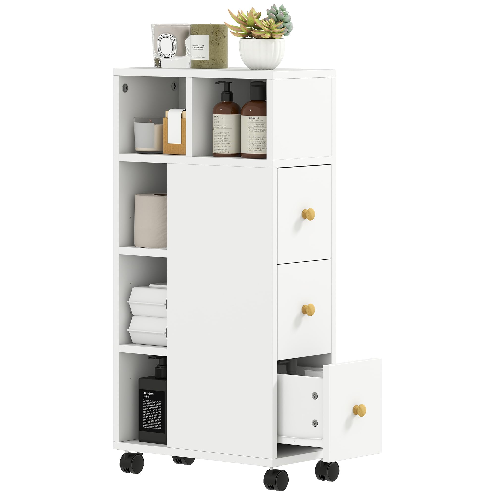 HOMCOM Meuble de Salle de Bain étroit avec 4 roulettes 20x40x80 cm Blanc