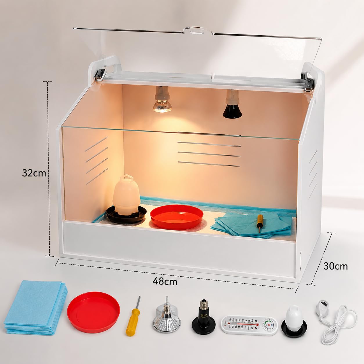Kit de iniciación para criar pollitos con placa térmica, jaula de gallinero para 20 pollitos, apto para calefacción de pollos, patos, pájaros, lagartos (M/58 x 40 x 42 cm)
