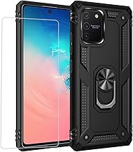 Compatible with Samsung S10 Lite 2020 Case, Cover + Tempered Glass Silicone TPU 360 Degree Rotating Magnetic Ring Holder for Car Phone Case-Black
