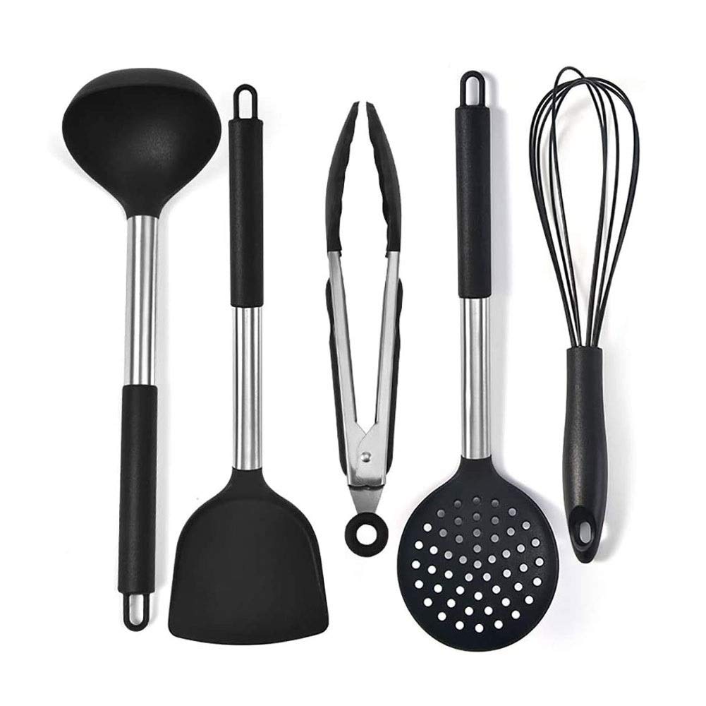 5 Stück Silikon-Kochutensilien Set mit Halter, Küchenutensilien-Sets für Nichtstick-Kochgeschirr, Schwarze Küchin-Tools Spatel mit Edelstahlgriff (Color : Black)