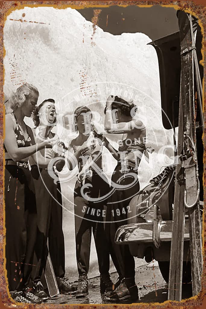 Girls Gone Skiing 8"x12" Vintage Abstract Skiing Posters for Ski Lodge Décor – Rustic Tin Sign Vertical Wall Art Tanning Girl Posters for Love Skiing