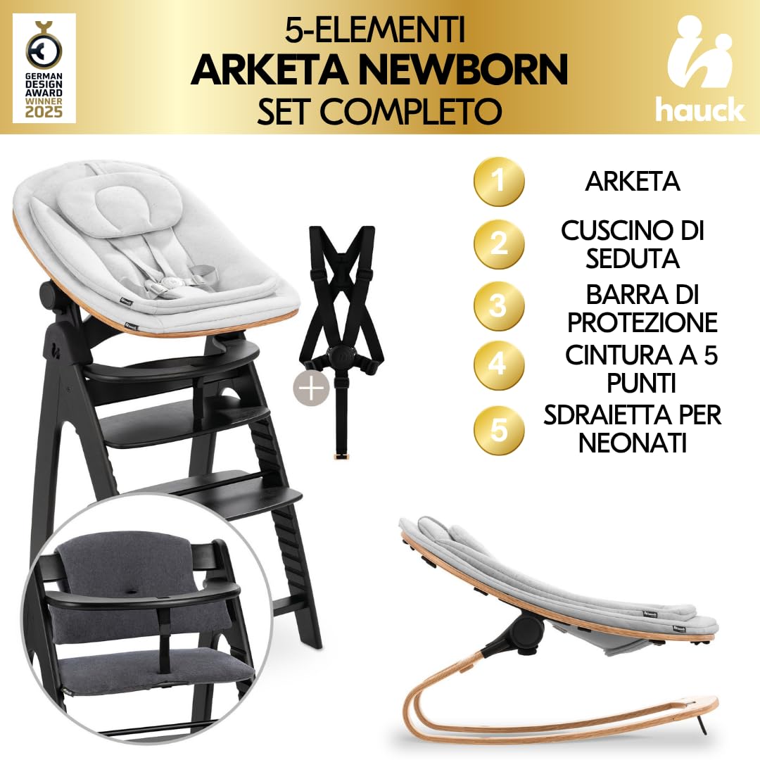 hauck Seggiolone Pappa Arketa Newborn Set Eco Bouncer – Seggiolone Evolutivo Legno Regolabile per Crescere insieme fin dalla Nascita, incluso Sdraietta Neonati e Cuscino (Faggio - Blackwashed)