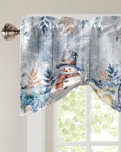Miniatura 3 de Cortinas de Navidad con cenefa de amarre de muñeco de nieve azul para ventanas, cortinas botánicas florales de Navidad para cocina, decoración de