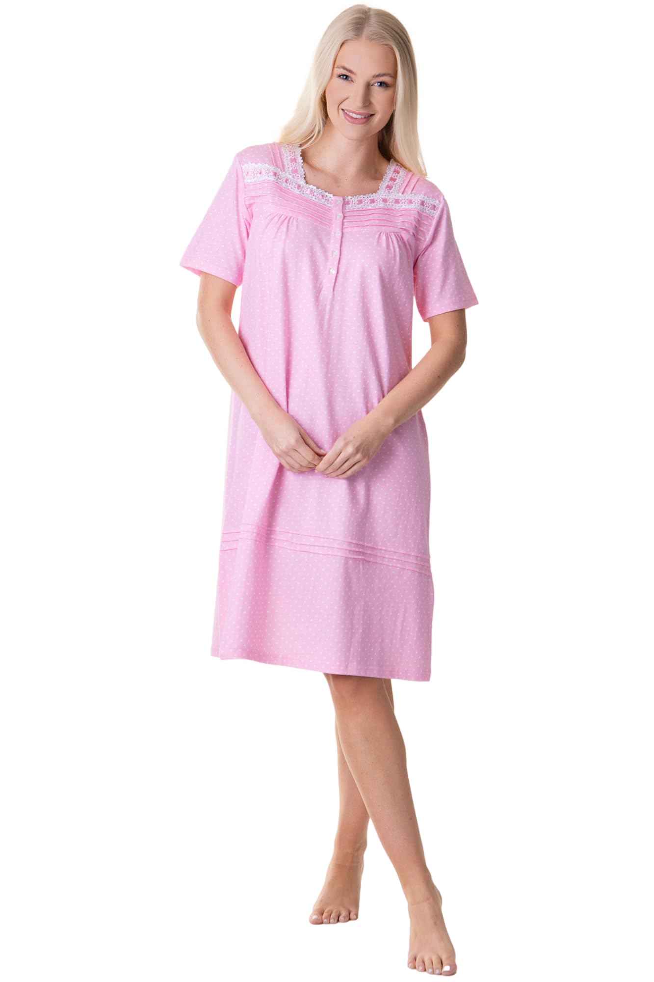 Camille Women's Pink Cotton Short Sleeve Polka Dot Nightdress In | : 18/20