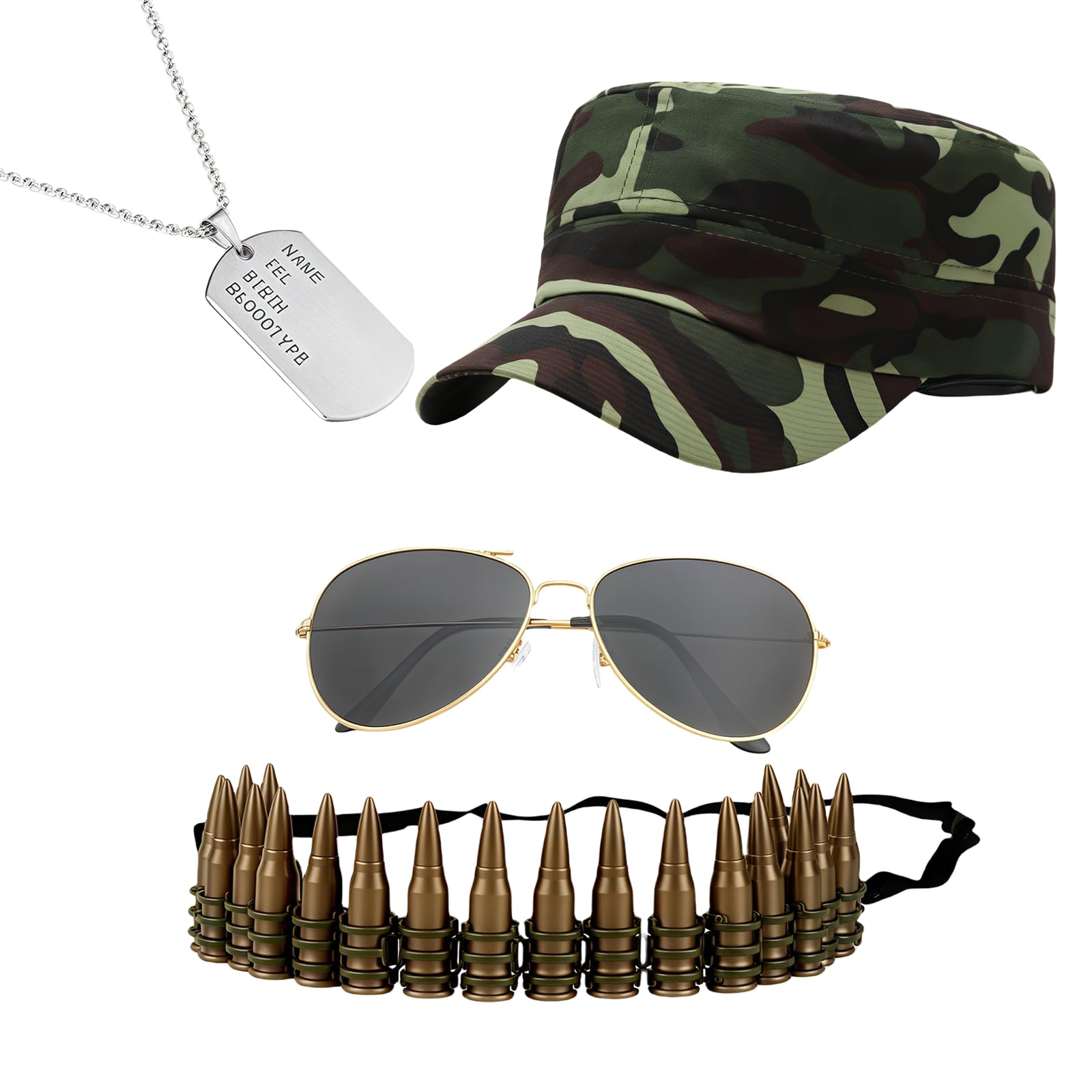 GWAWG 4Pcs Army Fancy Dress Accessories Set, Hat, Bullet Belt, Sunglasses and Dog Tag Necklace, Halloween Army Costume for Adults Cosplay Dress up Halloween Theme Party Role Play