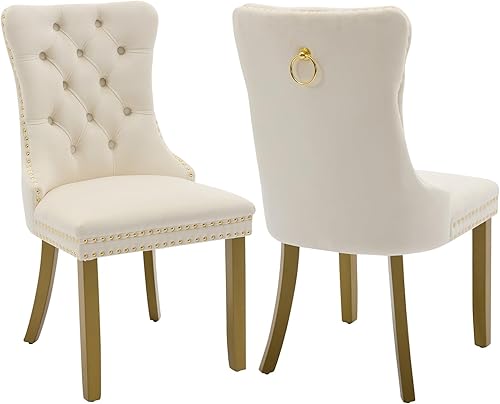 Miniatura 92 de Juego de 4 sillas de comedor de terciopelo beige, sillas tapizadas modernas para comedor con respaldo capitoné y acentos de madera, patas curvas de