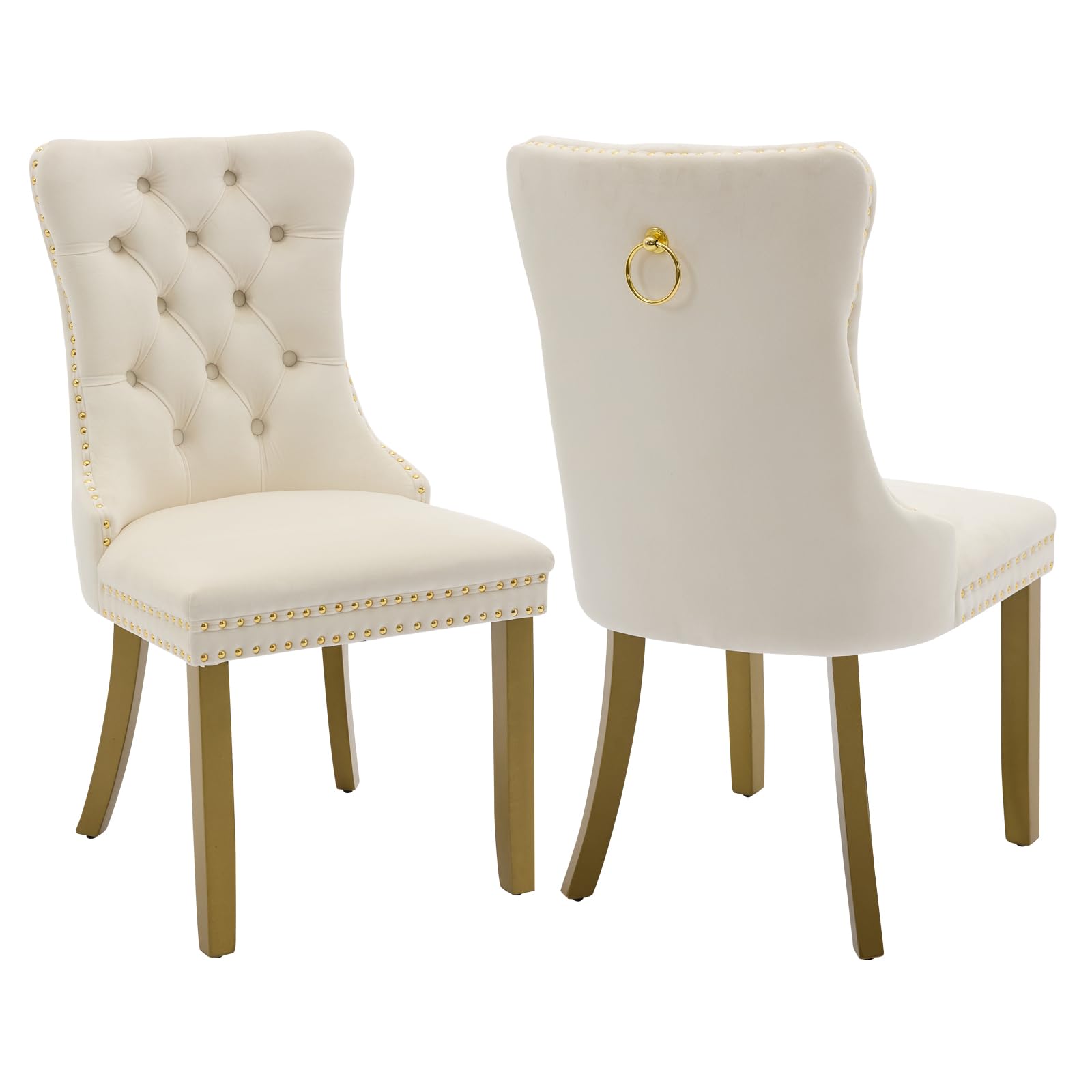 Shenyon Velvet Dining Chairs Set of 2, Kitchen & Dining Room Chairs, Upholstered Dining Chairs with Back Ring Pull and Golden Solid Wood Legs, Modern