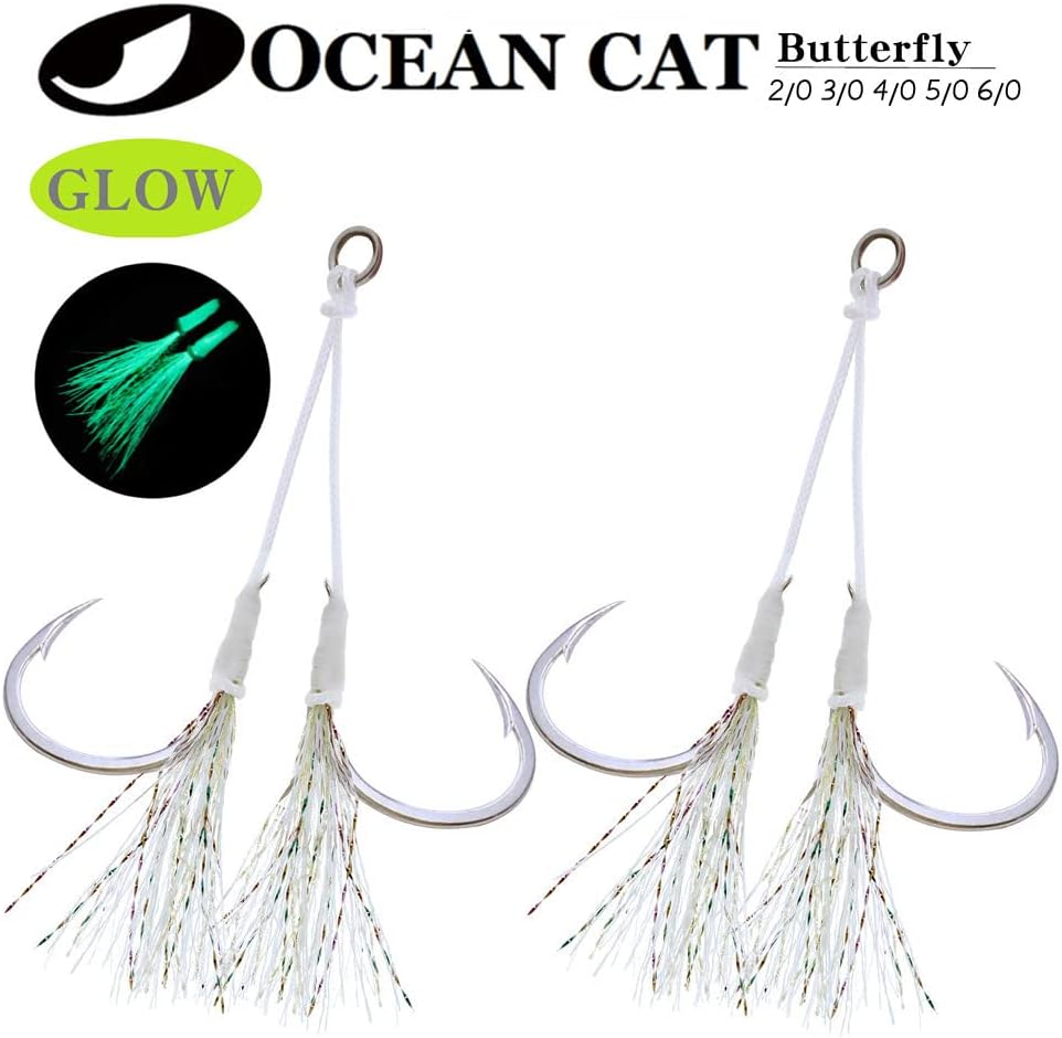 OCEAN CAT Rigged Assist Circle Hooks Dancing Stinger Jigging Slow Fall Fast Picth Jigs Hook Monster Butterfly Spirit Black Mamba for South California Tuna Bass Shark