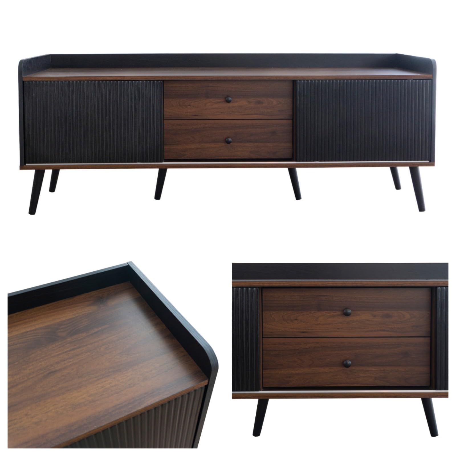 KOMHTOM Armoire TV en bloc de couleur noir/blanc et bois, buffet avec 2 tiroirs et 2 compartiments de rangement spacieux, armoire polyvalente pour salon, chambre à coucher et salle à manger (noir)