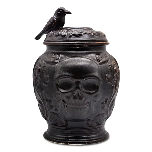 OrnamentallyYou Spooky Urn 8" Cookie Jar, Ceramic Gothic Halloween Kitchen Decoration