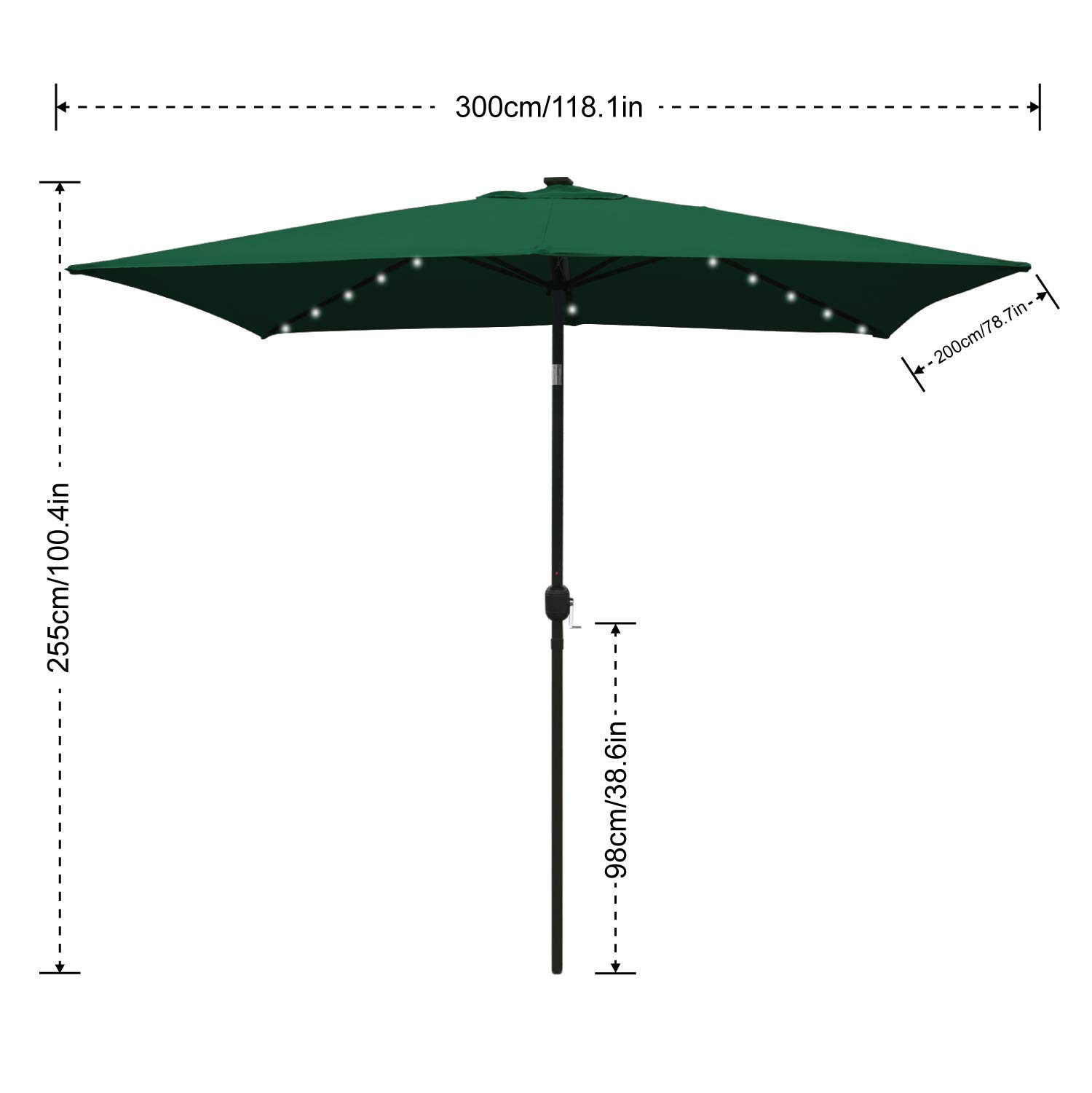 Amazon Com Abccanopy Rectangular Patio Umbrella Solar Powered Outdoor Umbrellas Market Table Umbrella With 26 Led Lights Tilt And Crank For Patio Deck And Pool 6 6 By 9 8 Ft Forest Green Garden Outdoor