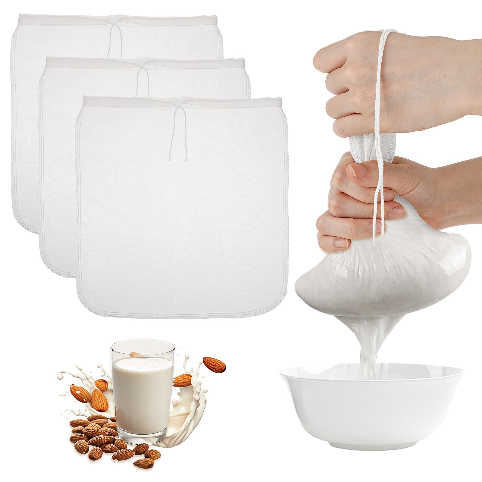 3 PCS Nut Milk Bag, 13.78x13.78inch Extra Large Reusable Nut Bag Strainer for Straining Almond Soy Milk Greek Yogurt Professional for Cold Brew Coffee Tea Beer Fine Nylon Mesh