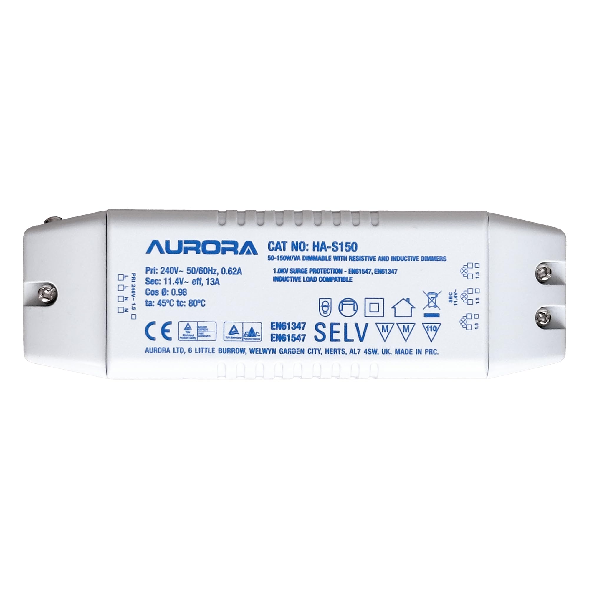 Aurora 150W Dimmable LED Driver Resistive Inductive Dimming Transformer 11.4V SELV HA-S150