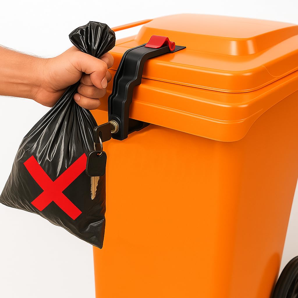 Lucchetto per pattumiera TrashGuard – stabile e chiudibile – montato senza fori – protegge da rifiuti estranei e animali – adatto per bidoni della spazzatura da 60 – 360 l con maniglie laterali del