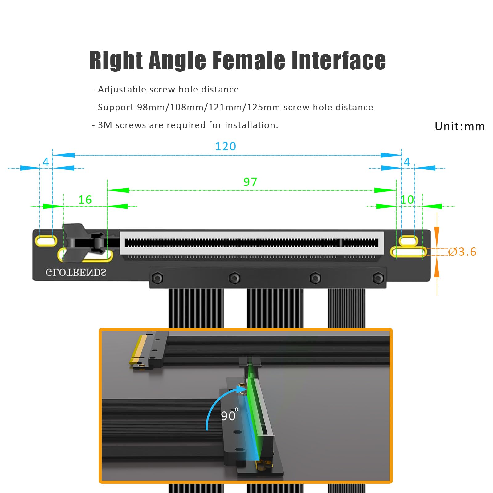 GLOTRENDS 400mm PCIe 5.0 Riser Kabel für RTX5090 RTX4090 RX9070 RX7900, Kompatibel mit PCIe 5.0/4.0 GPUs, 90 Grad rechter Winkel für vertikale GPU Montage