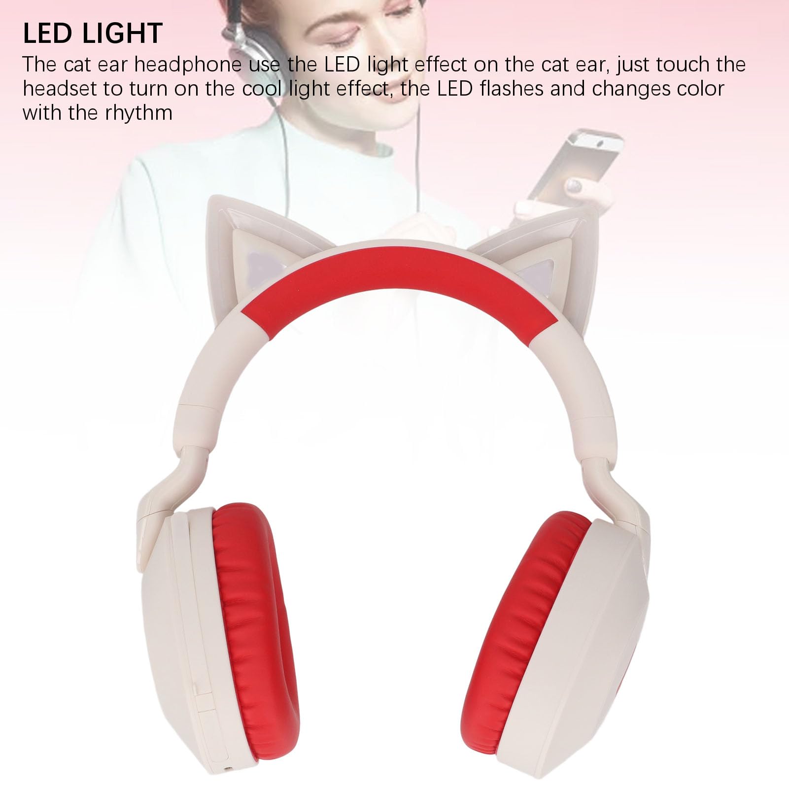 Garsent Cuffie Cat Ear, Cuffie Wireless Bluetooth 5.4 con Effetto Luce LED, Limitazione Volume 85 DB, Microfono Pieghevole, per Bambini Adolescenti Adulti Viaggi Scolastici (rosso)