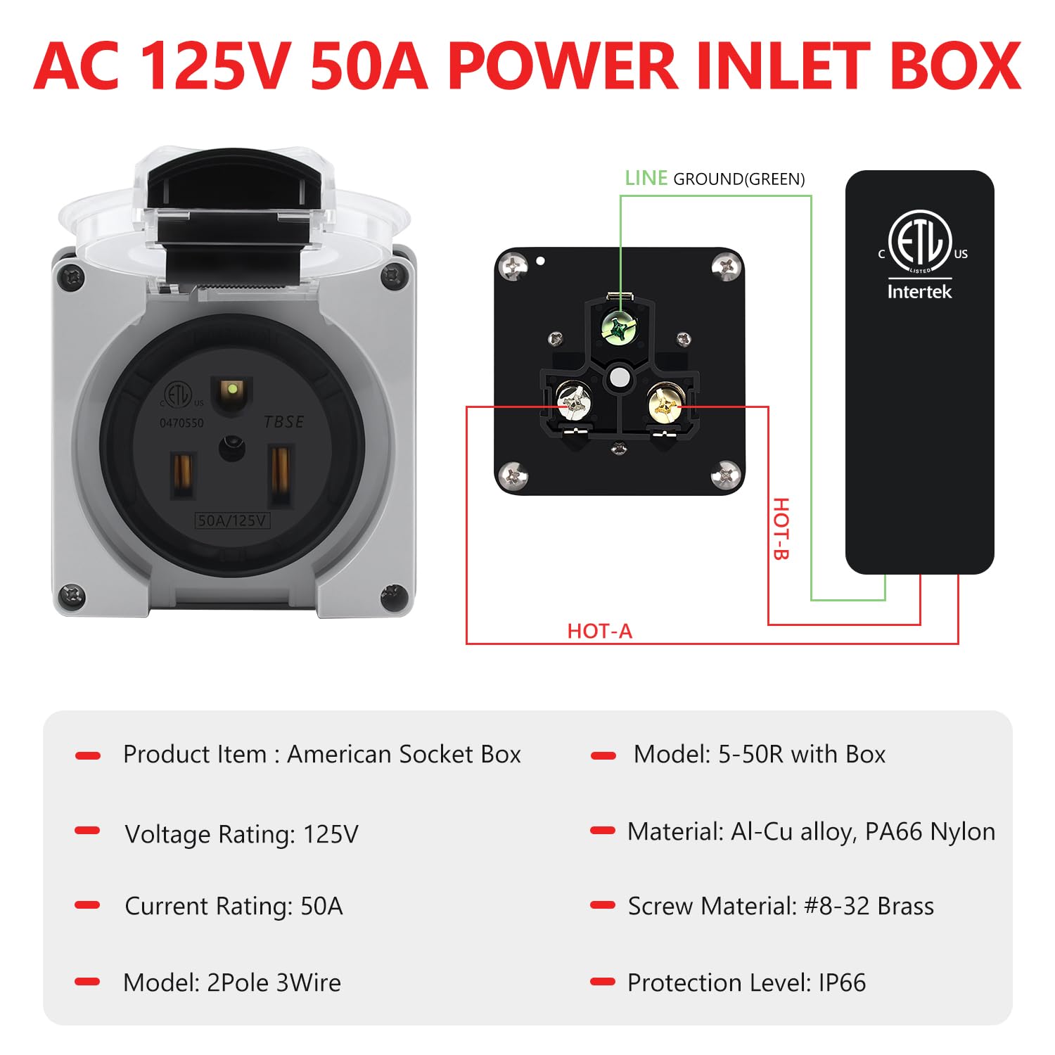Newdeli 50 amp Power Outlet Box NEMA 5-50R Receptacle 125V Weatherproof Dustproof Outdoor Receptacle Box for EV RV Electric Car Generators Welding Machines Plasma Cutter - ETL Listed