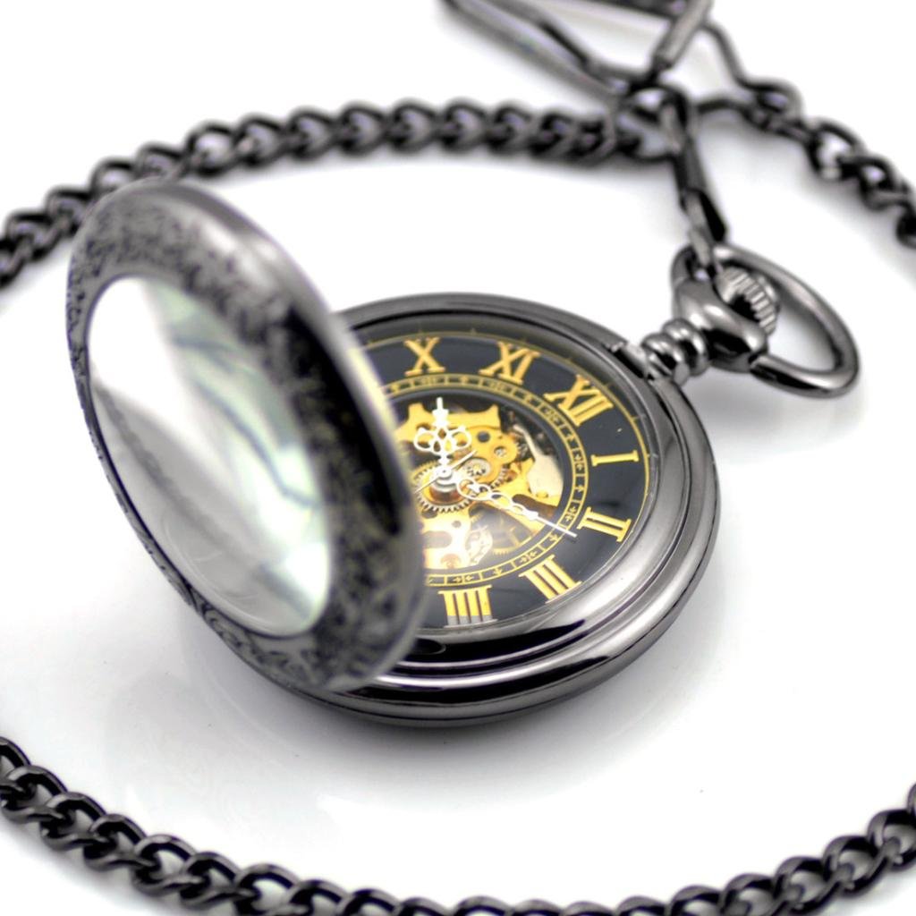 Orologio da tasca antico nero con numeri romani, carica manuale, orologio tasca meccanico, catenina con ciondolo, lupa nera da cavaliere, alta qualità