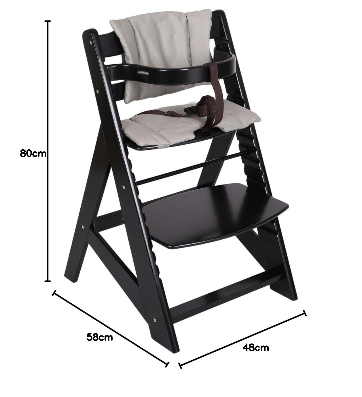 Drewniane Krzesełko Rośnie Razem z Dzieckiem – Z Tacką – Regulowane Krzesełko dla Dzieci – Z Poduszką – 48×58×80 cm – Czarny