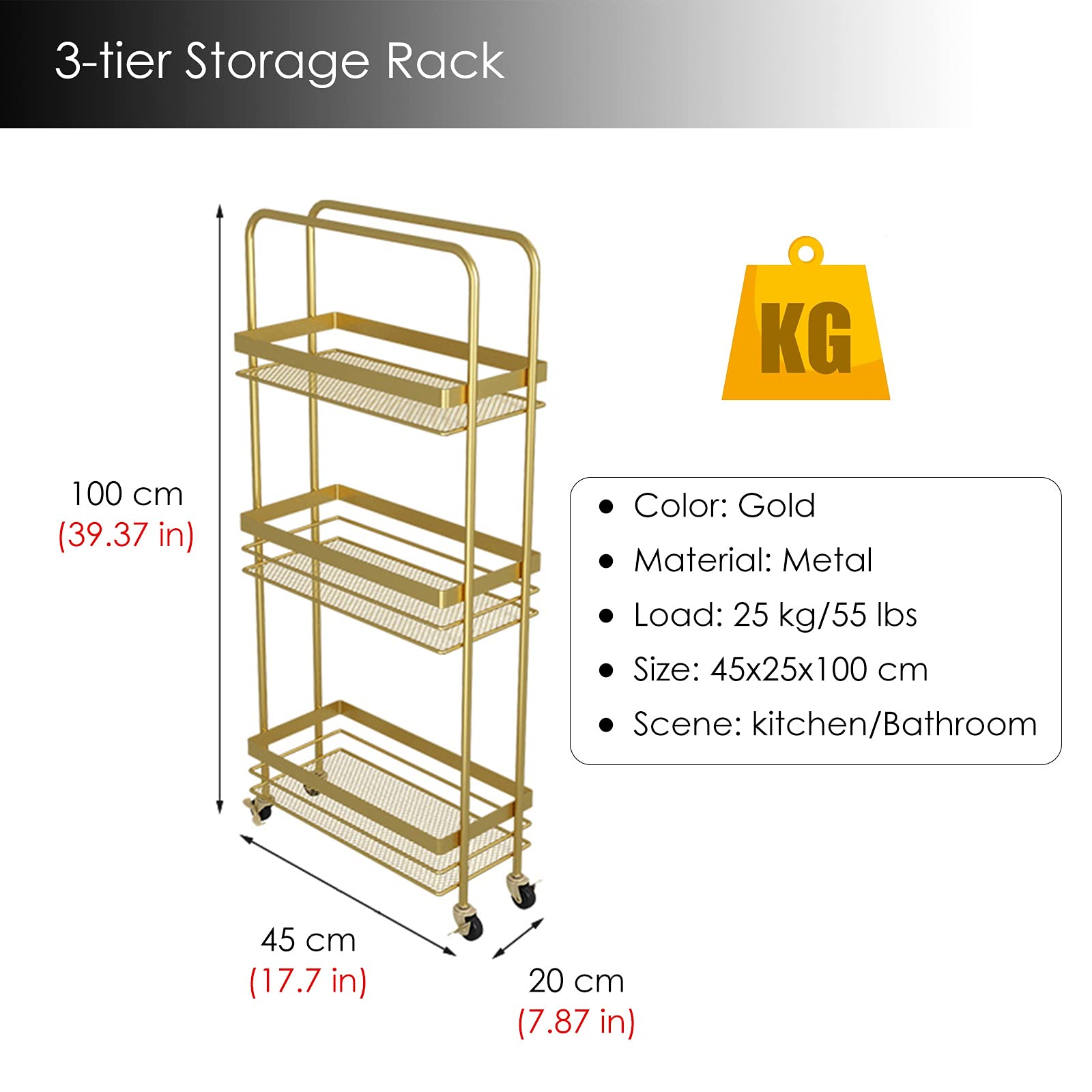 Carrello scorrevole sottile con ruote e manico, largo 20 cm, salvaspazio, per cucina e casa, ufficio, ripiano stretto per bagno/lavanderia, può contenere fino a 25 kg
