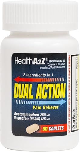 HealthA2Z Alivio del dolor de doble acción 80 comprimidos Acetaminofeno 250 mg e ibuprofeno (AINE) 125 mg Contiene dos medicamentos Alivio del