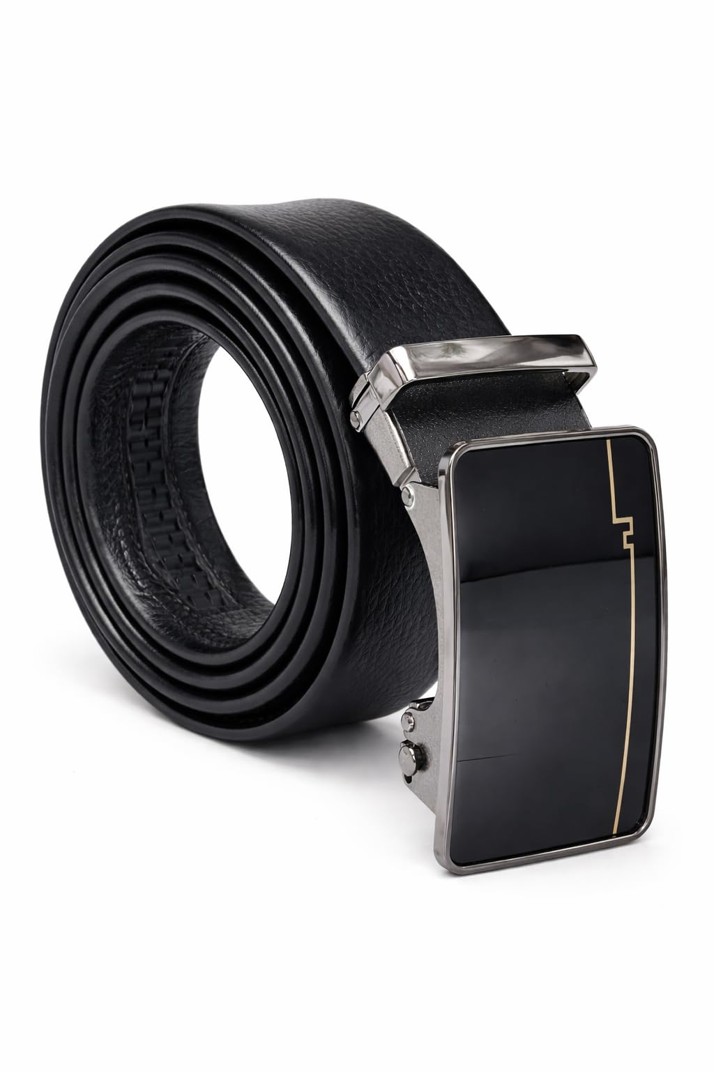 Premium Genuine Leather Auto-Lock Belt for Men – Stylish Adjustable Black Belt with Shiny Buckle for Formal & Casual Wear