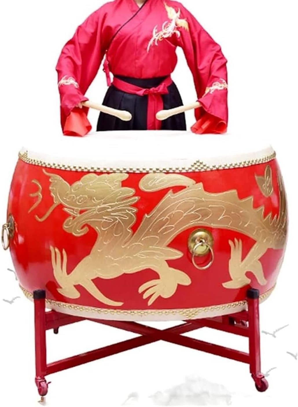 Diameter 39.3" (100cm*60cm) Chinese Dragon Dance Lion Martial Arts Kung Fu Dramas Hand Drum Religious Temple Fairs Ritual Cowhide CowSkin Drum with Metal Stand #2969 (Red Golden Dragon)