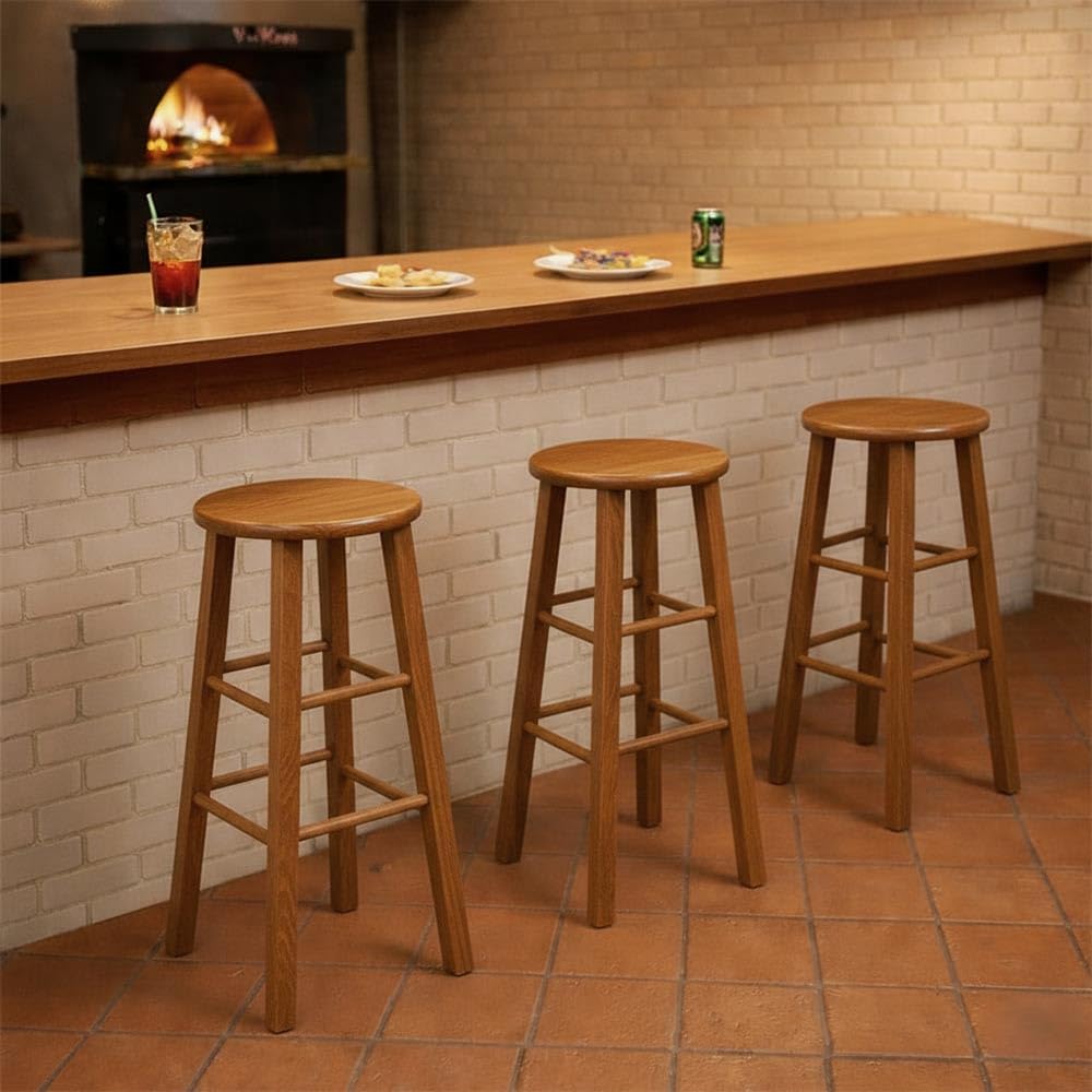 Sgabello di legno con seduta rotonda h80 cm in noce chiaro gamba dritte