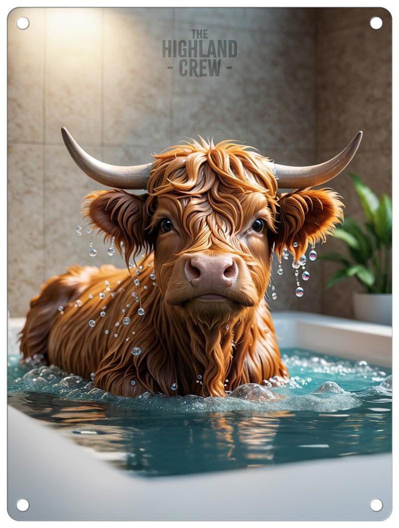 The Original Metal Sign Cow In Bath Small (150 X 200Mm) Metal Sign - The Highland Crew