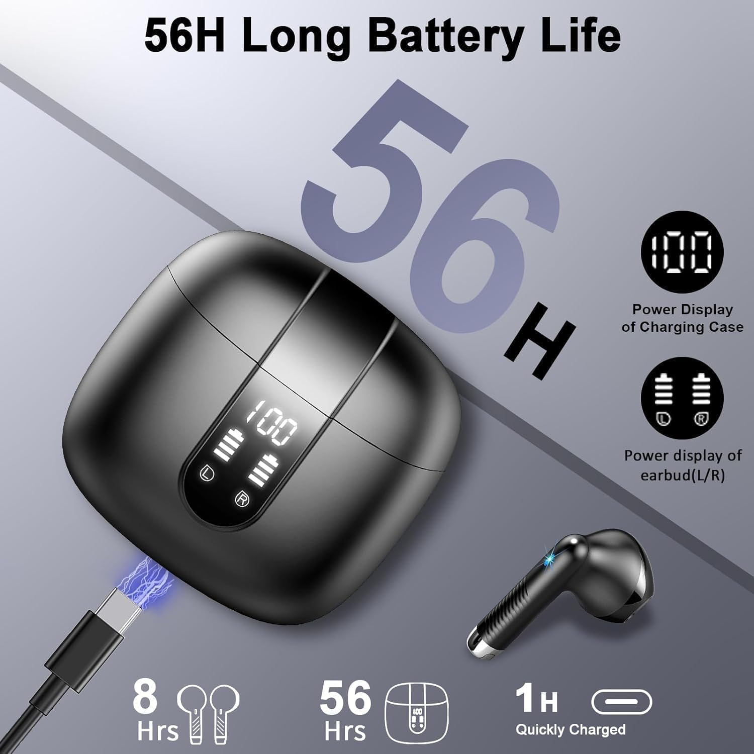 Cuffie Bluetooth 5.4, 2025 Nuovo Auricolari Bluetooth 56 Ore Stereo Cuffie Wireless In Ear con 4 ENC Mic, Cuffie Senza Fili Cancellazione Rumore Cuffiette Sport Earbuds IP7 Impermeabili Headphones