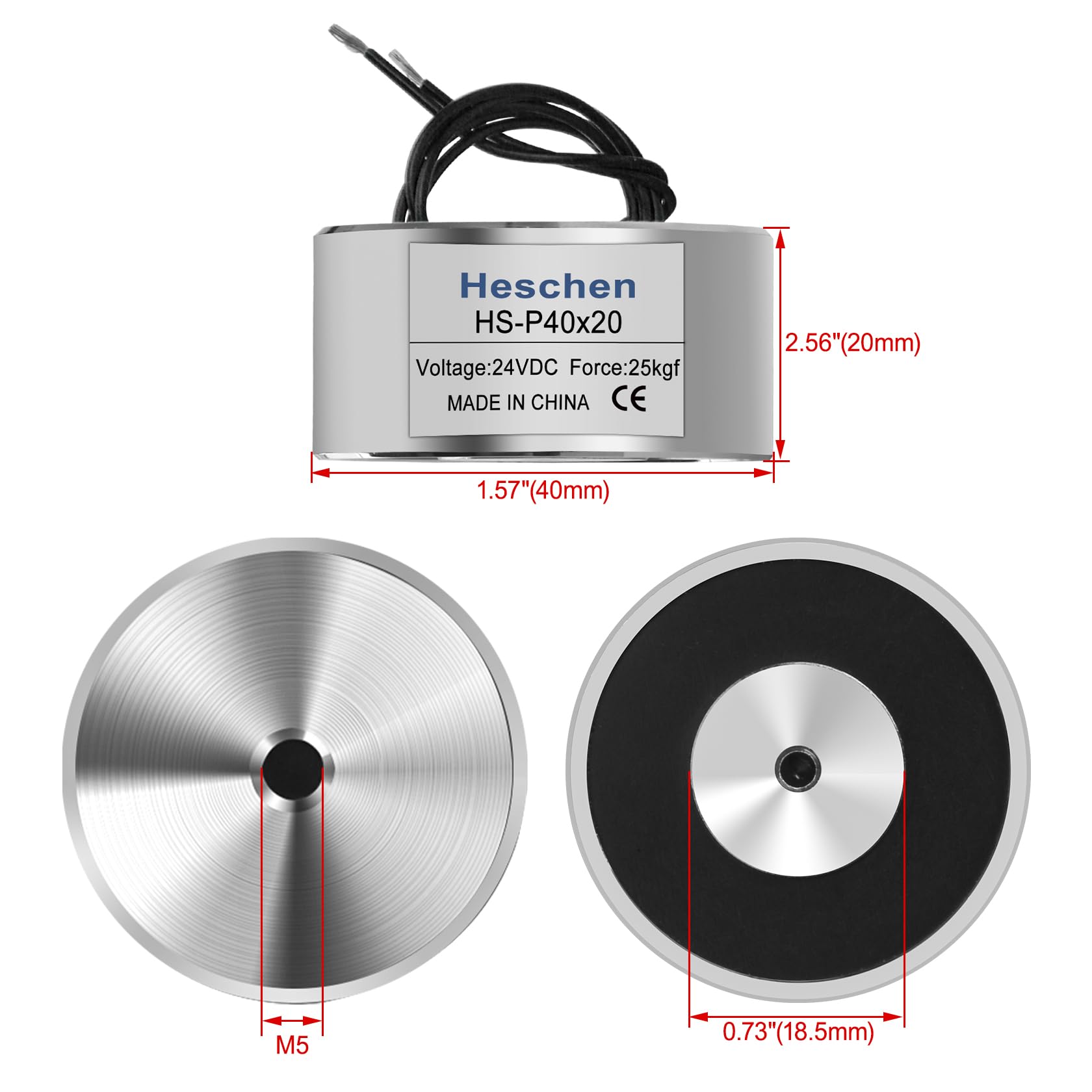 Heschen Solénoïde magnétique P40/20, diamètre extérieur : 40 mm, DC 24 V, 25 kg