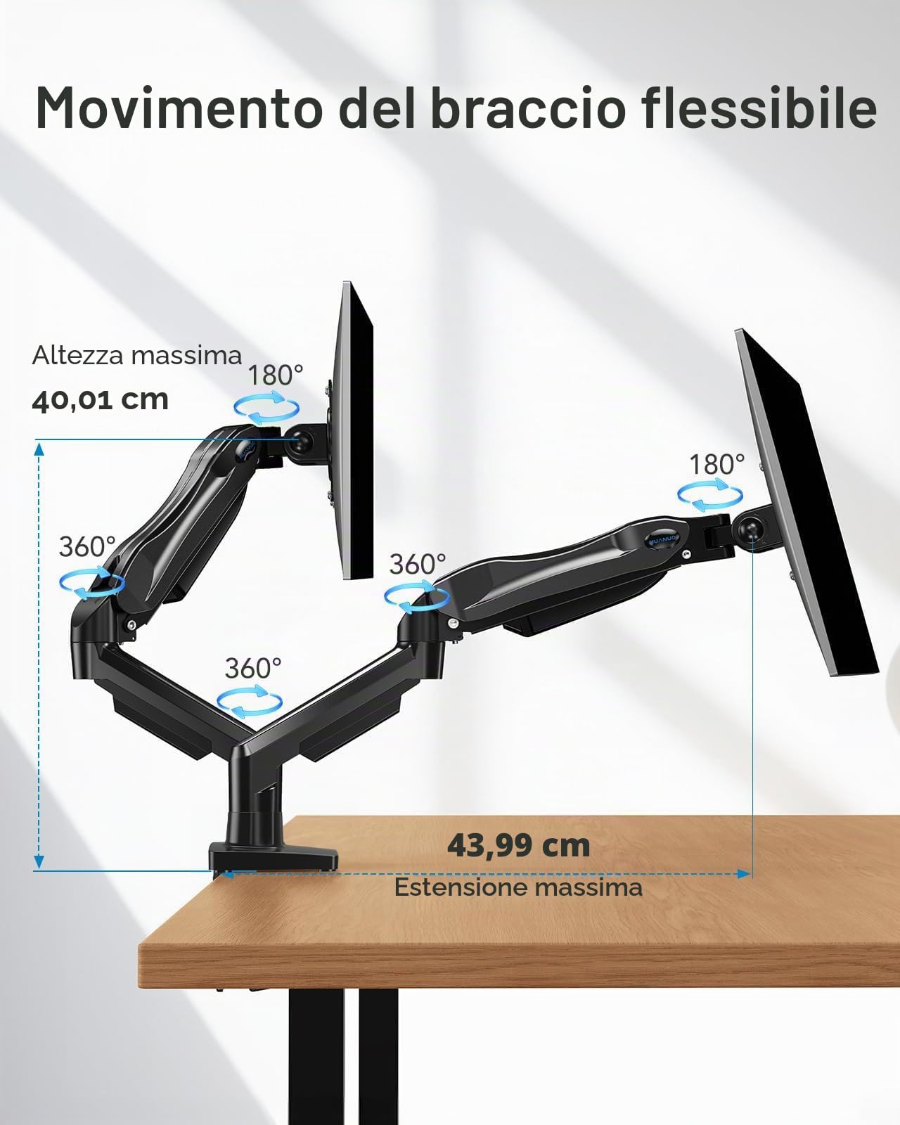HUANUO Supporto Monitor Scrivania Doppio, Braccio Monitor Scrivania per Schermi da 13–32 Pollici, Supporto a Due Bracci per Monitor Curvi e Piatti, Attacco VESA 75x75 e 100x100 mm, Carico Massimo 9 kg