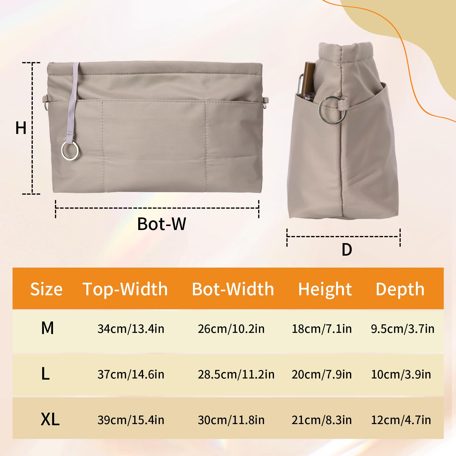 Inserto organizer per borse tote, borsa, zaino, 13 tasche, nylon impermeabile, portachiavi per un facile accesso, adatto a Longchamp e altro, design a forma trapezoidale (grigio, L)