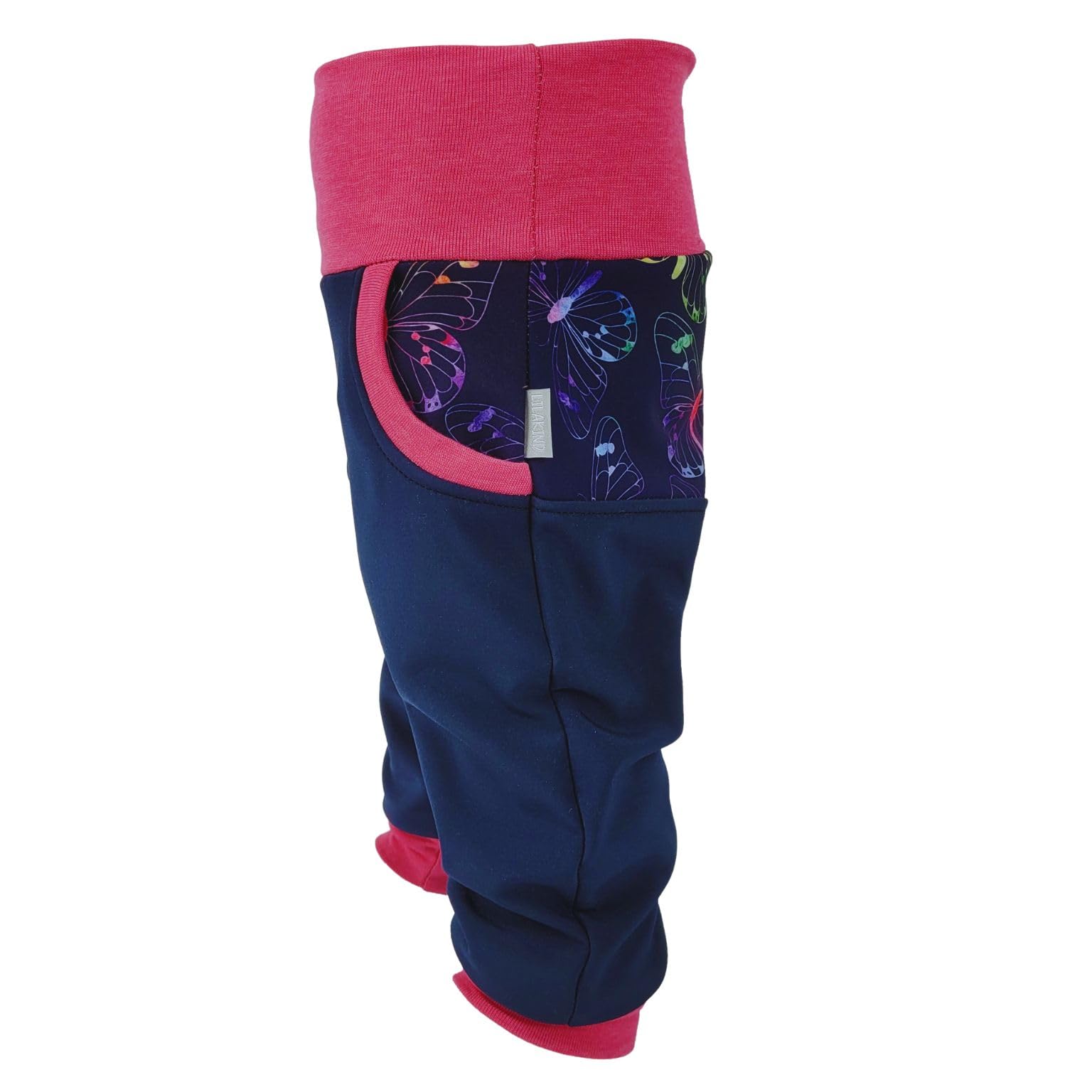 Lilakind“ Baby Kinder Softshell Hose Blumen Schmetterlinge Blau Fuchsia Gr. 62/68-134/140 - Made in Germany