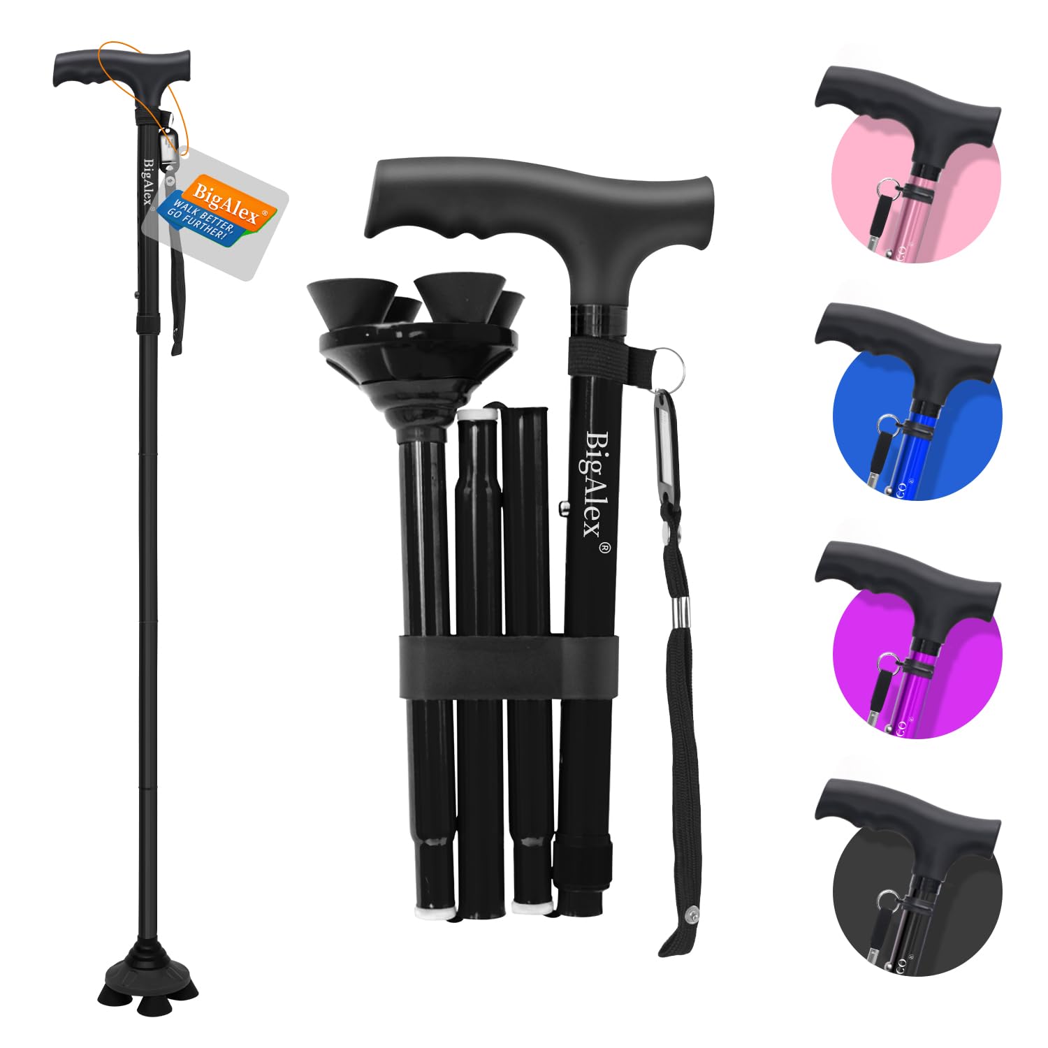 BigAlexFolding Walking Cane Pivoting Quad Base Adjustable Walking Stick with Carrying Bag for Man/Woman