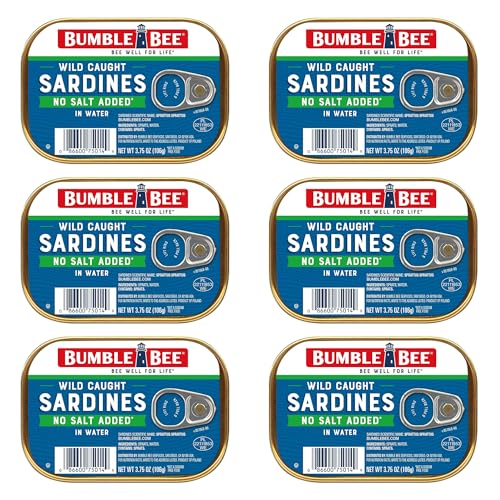 Image of Bumble Bee Wild Caught Sardines in Water, No Salt Added, 3.75 oz (6-Pack) | Low Sodium, High Protein, Gluten Free, Keto Friendly, Clean Ingredients, Ready to Eat