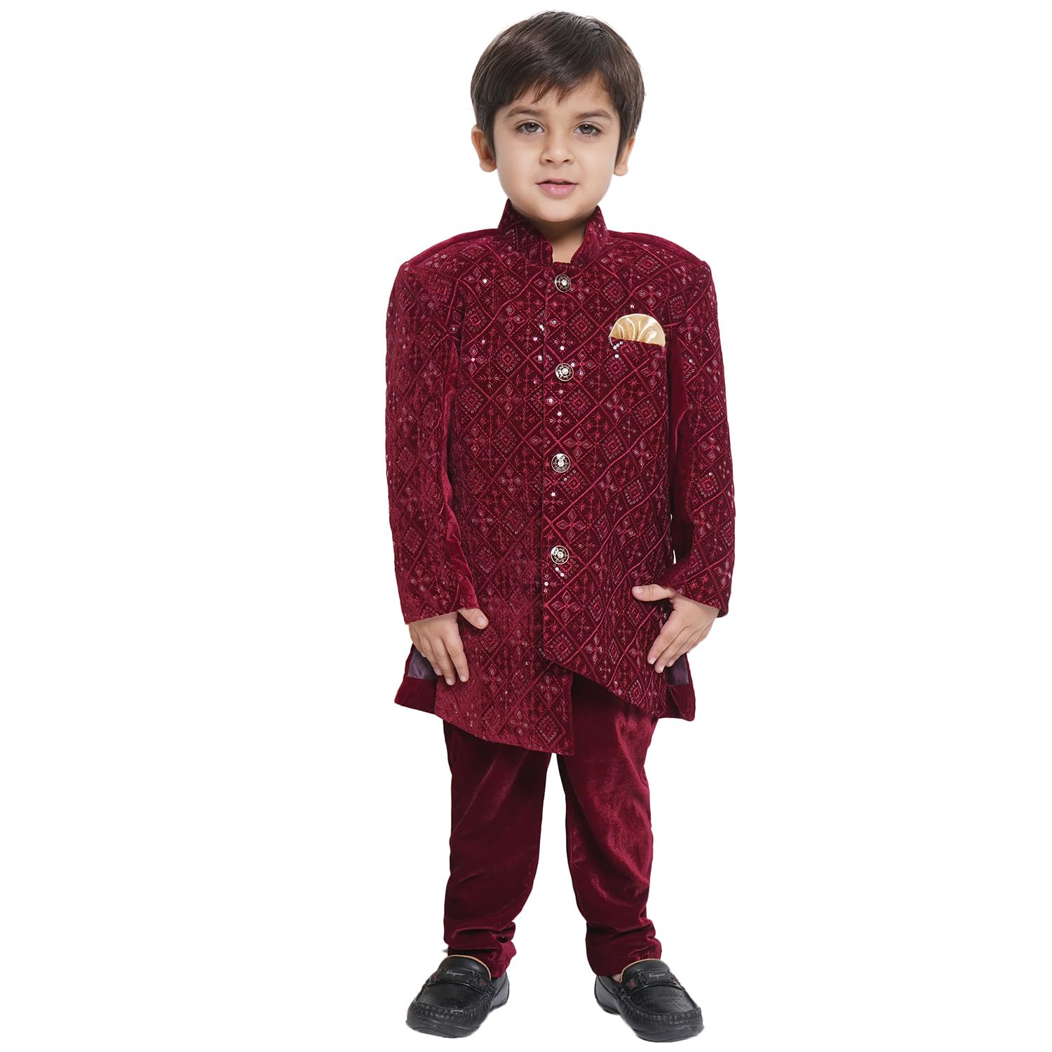 AJ DEZINES Boys Velvet Embroidered Sequin Sherwani Set