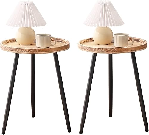 Tiita Mesa auxiliar redonda mesa auxiliar mental mesita de noche mesas de madera pequeñas mesa de centro con bandeja de madera para sala de estar